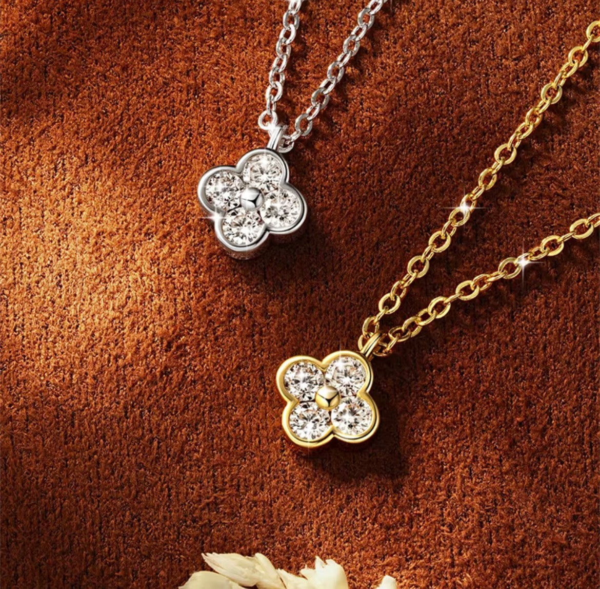 Four-Leaf Clover Moissanite Necklace | White Gold & Yellow Gold Plated