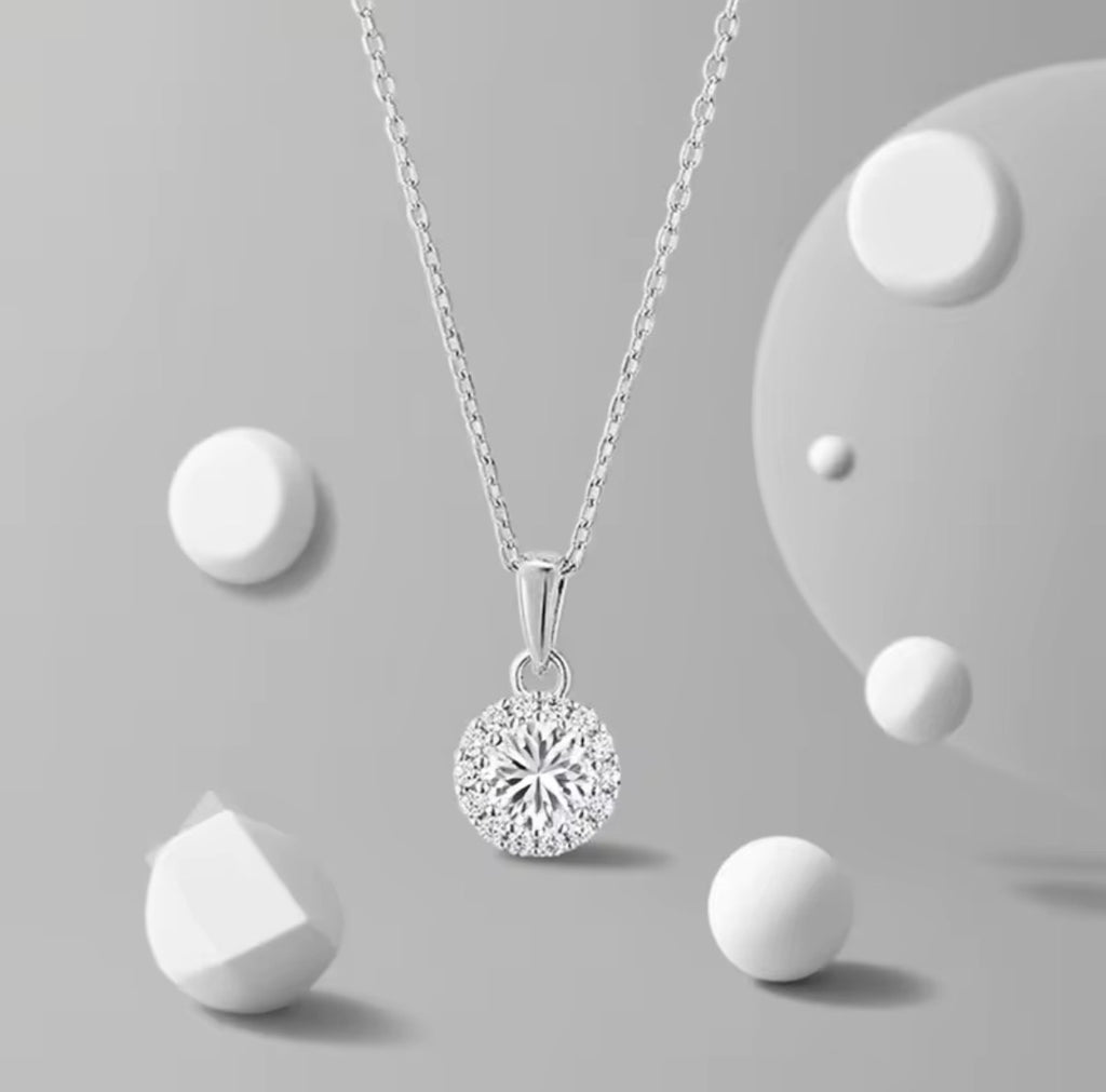 925 Sterling Silver Moissanite Halo Ketting | GRA-gecertificeerd